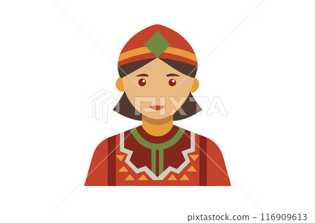 Vector illustration of a woman in traditional tribal clothing, wearing a colorful headscarf, isolated on a white background Vector illustration of a woman in traditional tribal clothing, wearing a colorful headscarf, isolated on a white background 116909613