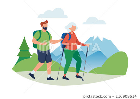 Illustration of an elderly woman and a young man hiking in the mountains with walking sticks Illustration of an elderly woman and a young man hiking in the mountains with walking sticks 116909614
