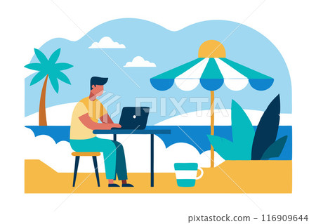 Remote work on beach, man working on laptop under umbrella by the sea Remote work on beach, man working on laptop under umbrella by the sea 116909644