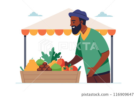Smiling man at a farmers market stall with fresh fruits and vegetables Smiling man at a farmers market stall with fresh fruits and vegetables 116909647