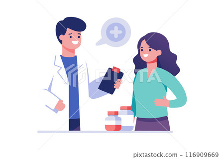 Pharmacist consulting with a happy patient about medication and health in a modern healthcare setting Pharmacist consulting with a happy patient about medication and health in a modern healthcare setting 116909669