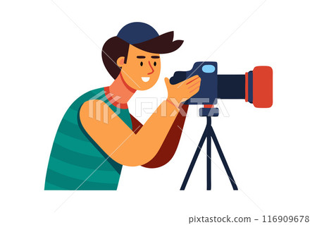 Illustration of a man taking a photo with a camera on tripod 116909678