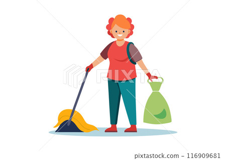 Happy woman cleaning with broom and holding trash bag in a colorful illustration Happy woman cleaning with broom and holding trash bag in a colorful illustration 116909681