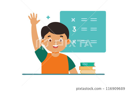 Smiling school boy raising hand in classroom... - Stock Illustration ...