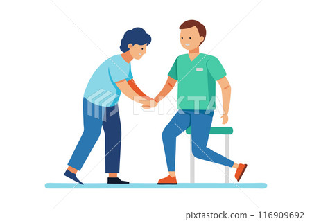 Physiotherapist assisting patient with exercise in rehabilitation clinic illustration 116909692