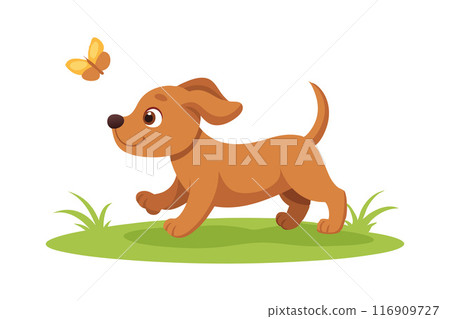 Cute cartoon puppy chasing a butterfly on a grassy field Cute cartoon puppy chasing a butterfly on a grassy field 116909727