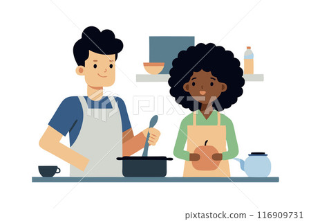 Couple cooking together in the kitchen, enjoying a fun and cozy activity 116909731