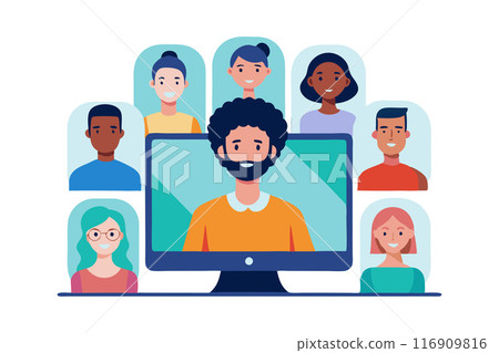 Illustration of a diverse group of people connecting via video conference call 116909816