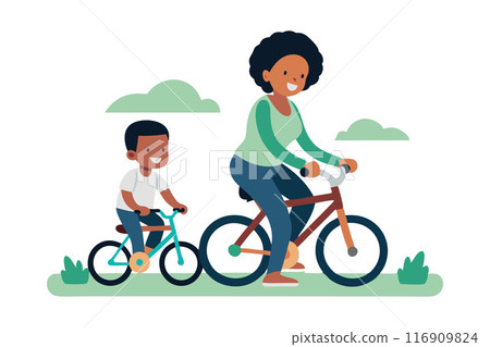 Happy mother and son riding bicycles outdoors, enjoying family time and exercise Happy mother and son riding bicycles outdoors, enjoying family time and exercise 116909824