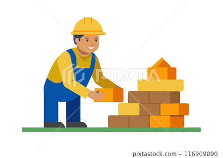 Illustration of construction worker building a brick wall with safety helmet and uniform Illustration of construction worker building a brick wall with safety helmet and uniform 116909890