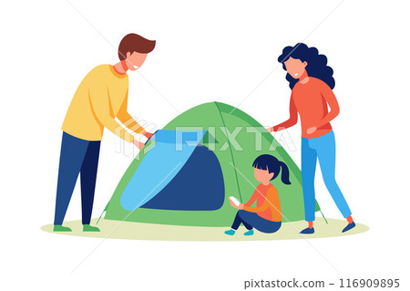 Happy family setting up a green tent together, enjoying outdoor camping activity 116909895
