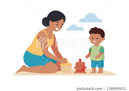 Happy mother and child playing with sand toys on a sunny day at the beach 116909922