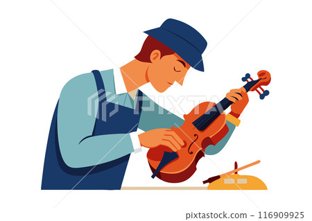 Illustration of a craftsman focused on repairing a violin with precision and care 116909925