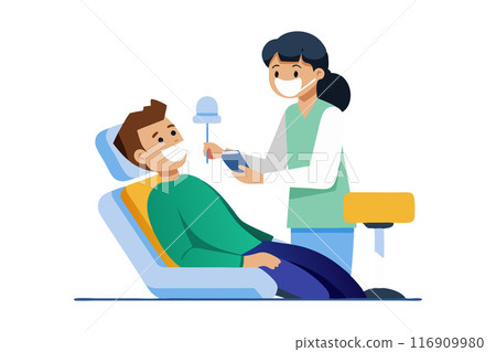 Illustration of a smiling patient receiving dental care from a professional dentist 116909980