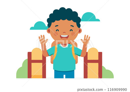 Smiling child with backpack waving outside in sunny weather 116909990