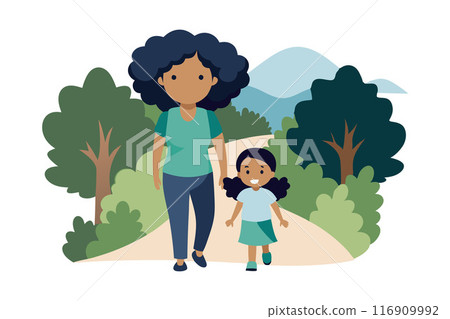 Mother and daughter walking on a forest path in an outdoor nature setting 116909992