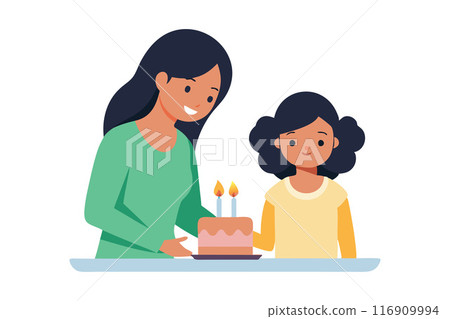 Mother and daughter celebrating a birthday with a cake and candles 116909994