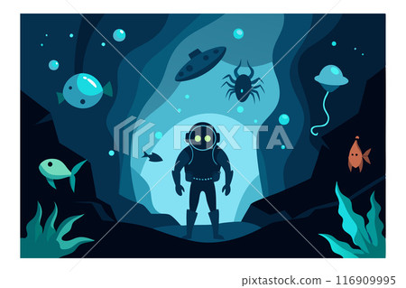 Surreal underwater scene with deep sea diver, fish, and UFOs in an alien-like oceanic environment 116909995