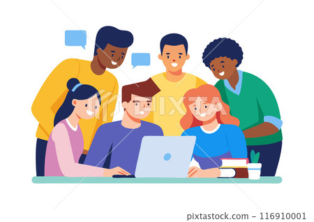 Diverse group of students collaborating on a project using a laptop Diverse group of students collaborating on a project using a laptop 116910001