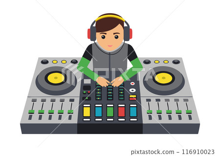 Cartoon DJ mixing music on DJ deck with headphones Cartoon DJ mixing music on DJ deck with headphones 116910023