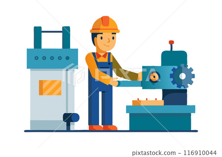 Illustration of a factory worker operating industrial machinery in a manufacturing setting Illustration of a factory worker operating industrial machinery in a manufacturing setting 116910044