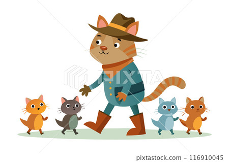Cartoon cat in a hat and coat walking with four different colored kittens 116910045
