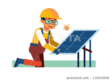 Cartoon technician installing solar panel on rooftop during sunny day Cartoon technician installing solar panel on rooftop during sunny day 116910046