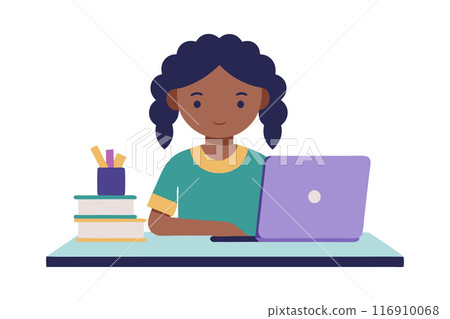 Illustration of young student studying online with a laptop at a desk Illustration of young student studying online with a laptop at a desk 116910068