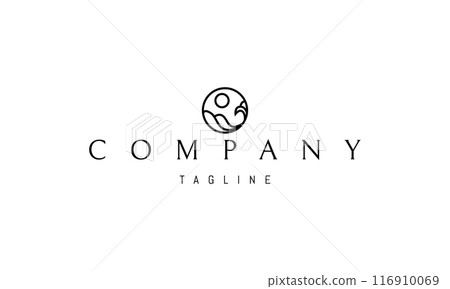 Vector logo with an abstract image of waves and sun in a circle. Vector logo with an abstract image of waves and sun in a circle. 116910069