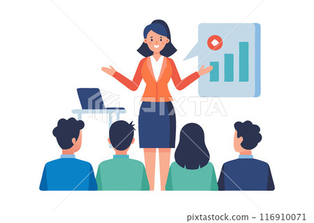 Business presentation with female speaker showing growth chart to team in office setting Business presentation with female speaker showing growth chart to team in office setting 116910071