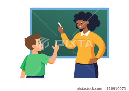 Teacher and student interacting in classroom by blackboard Teacher and student interacting in classroom by blackboard 116910073