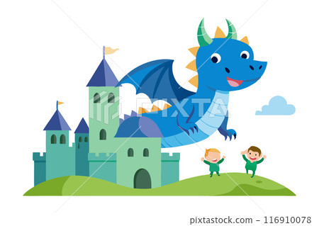 Blue dragon flying over a castle with happy children playing in a fantasy world Blue dragon flying over a castle with happy children playing in a fantasy world 116910078