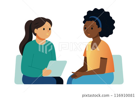 Illustration of two women having a friendly conversation on chairs Illustration of two women having a friendly conversation on chairs 116910081