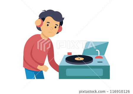 Young person listening to music on a retro record player with headphones Young person listening to music on a retro record player with headphones 116910126