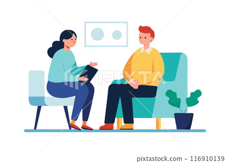 Illustration of a therapy session with a therapist and client discussing mental health 116910139