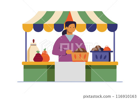 Illustration of a market vendor at a colorful fruit and vegetable stand 116910163