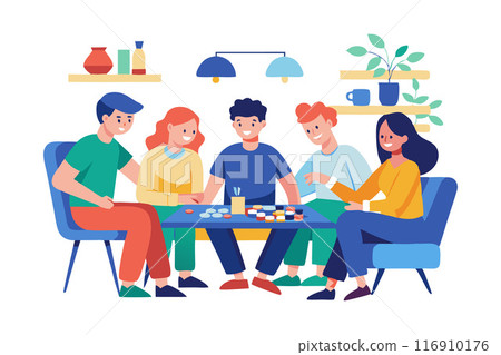 Group of friends enjoying a board game night together in a cozy living room 116910176