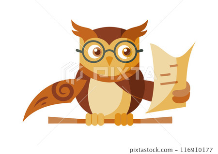 Cartoon owl wearing glasses reading a paper while perched on a branch 116910177