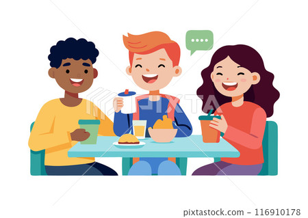 Happy friends enjoying time together at a cafe. Friends laughing and having a good time over food and drinks. 116910178