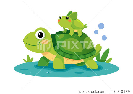 Cute cartoon turtle with frog on its back in a pond Cute cartoon turtle with frog on its back in a pond 116910179
