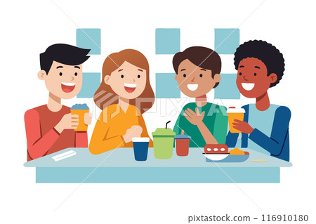 Group of friends enjoying drinks and food at a cafe, laughing and having a great time together Group of friends enjoying drinks and food at a cafe, laughing and having a great time together 116910180