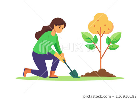 Illustration of a woman planting a tree in a garden setting for environmental conservation Illustration of a woman planting a tree in a garden setting for environmental conservation 116910182
