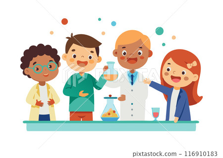 Children learning science with laboratory equipment in a classroom setting 116910183
