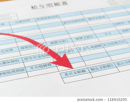 薪資單上的可扣除付款金額項目和向下箭頭 薪資單向下減少 減少實得工資 116910205