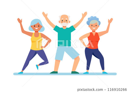 Active elderly people exercising together in a fitness class 116910266