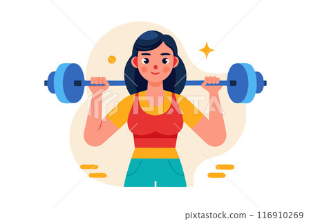 Illustration of a woman lifting weights showcasing fitness and strength 116910269