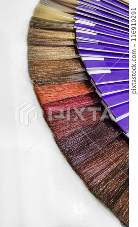 A palette of hair colors made from artificial strands on a white background 116910291