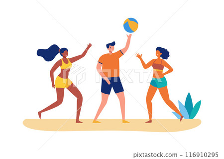 Friends playing beach volleyball together in the summer Friends playing beach volleyball together in the summer 116910295