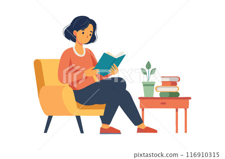Woman reading a book in a cozy chair with a stack of books and a plant on a side table 116910315