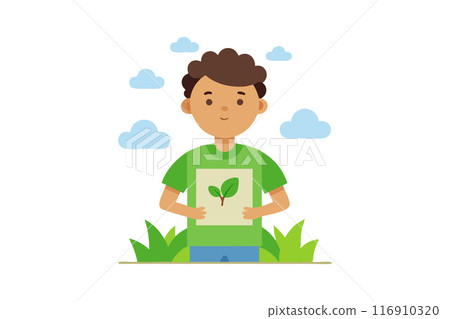 Illustration of boy holding a plant picture outdoors with green shirt and sky background Illustration of boy holding a plant picture outdoors with green shirt and sky background 116910320
